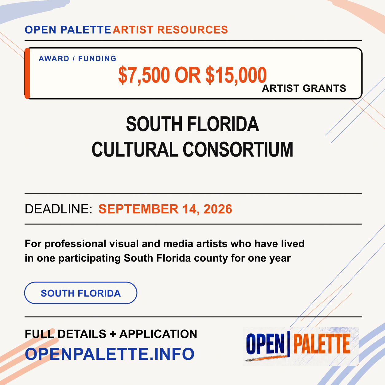 A major regional grant supporting professional visual and media artists across five South Florida counties.