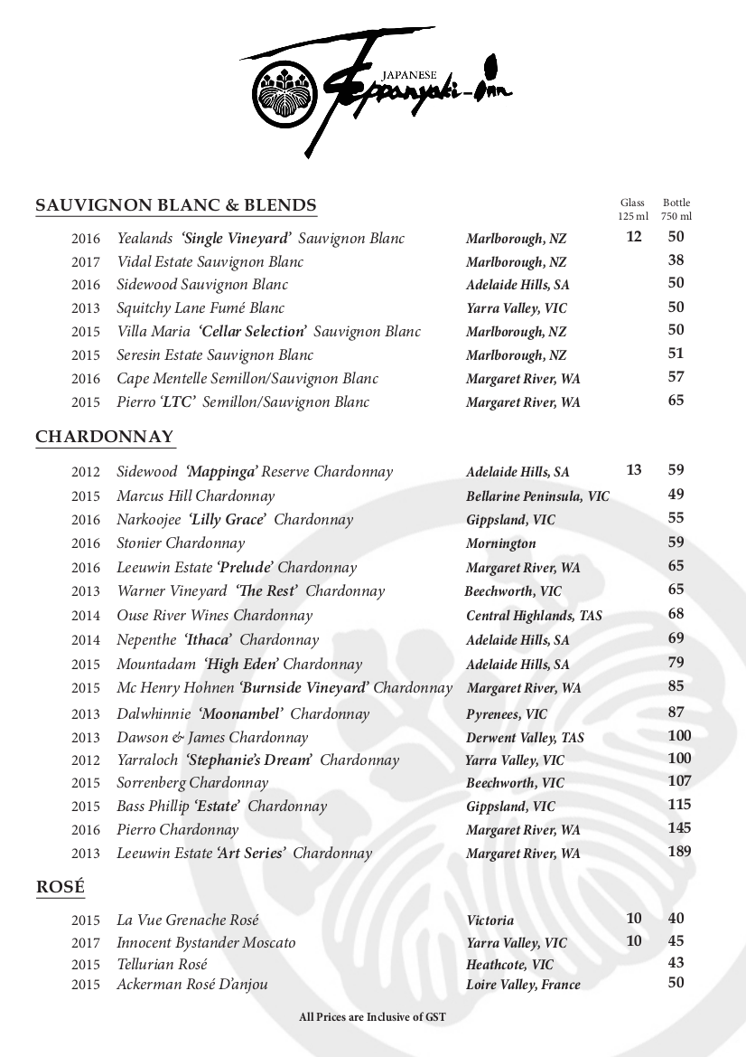 Japanese TeppanyakiInn Melbourne Drinks Menu