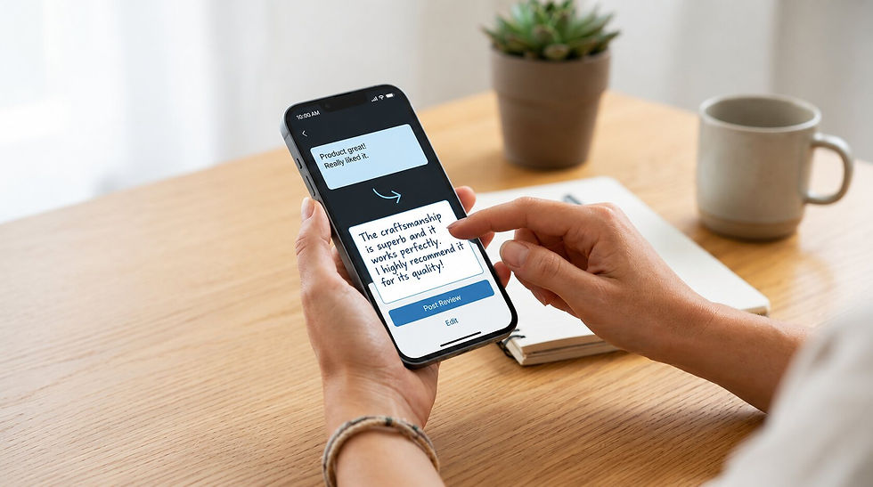 Customer using Write with AI to turn a few words into a Google review on a phone