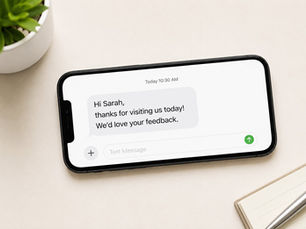 Smartphone showing a post-visit feedback request message asking a customer for feedback.