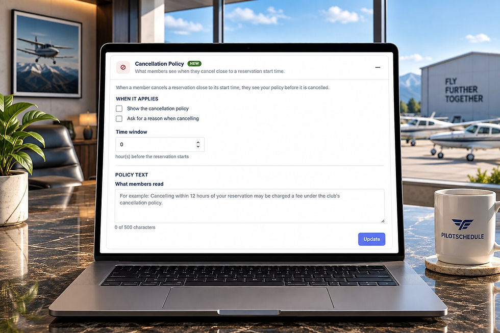 PilotSchedule flying club cancellation policy settings for aircraft reservations