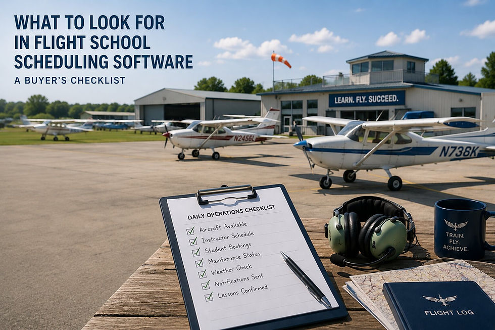 Checklist for choosing flight school scheduling software displayed beside a small flight training airport with single-engine aircraft, hangars, aviation equipment, and a clipboard representing operational planning.