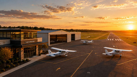 Modern flight operations building and aircraft hangars at a small airport during golden hour, with several light aircraft parked across the apron beside a runway under a warm sunset sky.