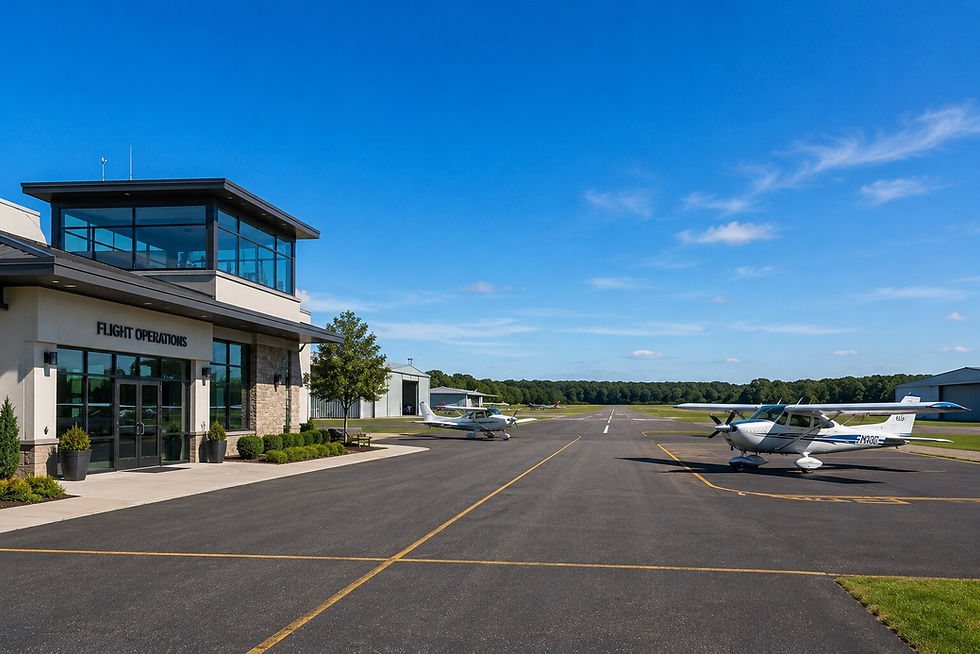 Modern flight operations building beside a general aviation runway with small training aircraft parked across the airfield under a clear blue sky.