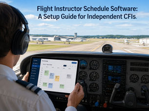 Rear view of an independent flight instructor inside a small aircraft cockpit using a tablet to manage flight lesson schedules, with flight instruments, runway, and single-engine training aircraft visible through the windshield.