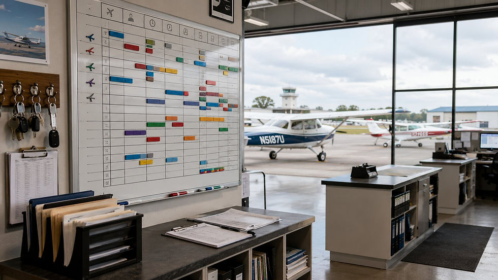 Modern flight school dispatch area with an operational scheduling board and training aircraft visible through hangar doors.