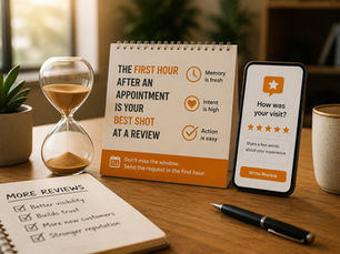 Hourglass and review request display highlighting the importance of collecting feedback immediately after appointments.