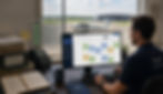 "Flight instructor using flight school scheduling software to manage aircraft and instructor bookings on a computer, with paper scheduling records on the desk and a small training aircraft visible outside the office window."