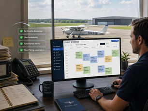 "Flight instructor using flight school scheduling software to manage aircraft and instructor bookings on a computer, with paper scheduling records on the desk and a small training aircraft visible outside the office window."