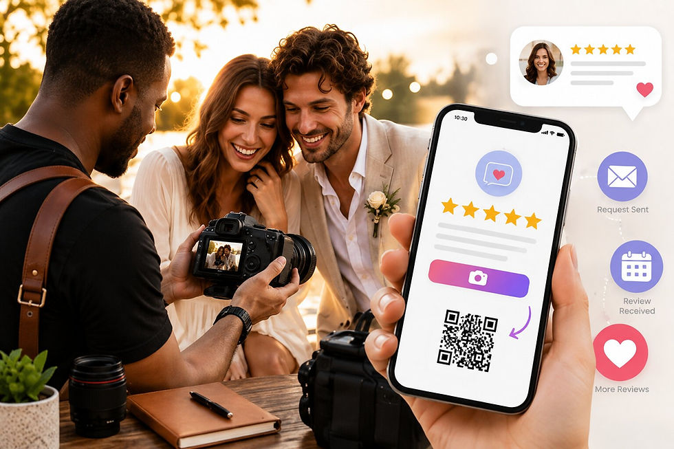 Photographer showing a couple photos while a smartphone displays a QR code, star ratings, and review request icons.