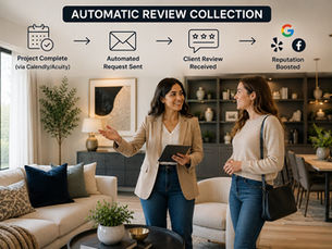 Interior designer reviewing a finished room with a client while an automatic review collection workflow is displayed above the consultation.
