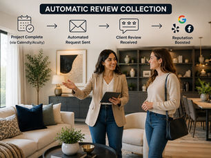 Interior designer reviewing a finished room with a client while an automatic review collection workflow is displayed above the consultation.