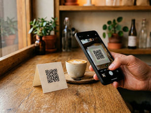 A smartphone scanning a QR feedback code on a small business counter card