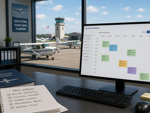Modern flight school operations office overlooking a small airport, with a live aircraft scheduling calendar displayed on a computer monitor, a flight operations binder, daily scheduling checklist, and light aircraft parked outside, illustrating coordinated scheduling of aircraft, instructors, and students.