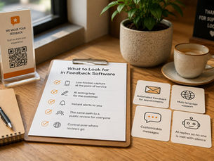 Checklist of essential feedback software features including QR feedback collection, AI writing assistance, instant alerts, review management, and automated customer feedback requests.