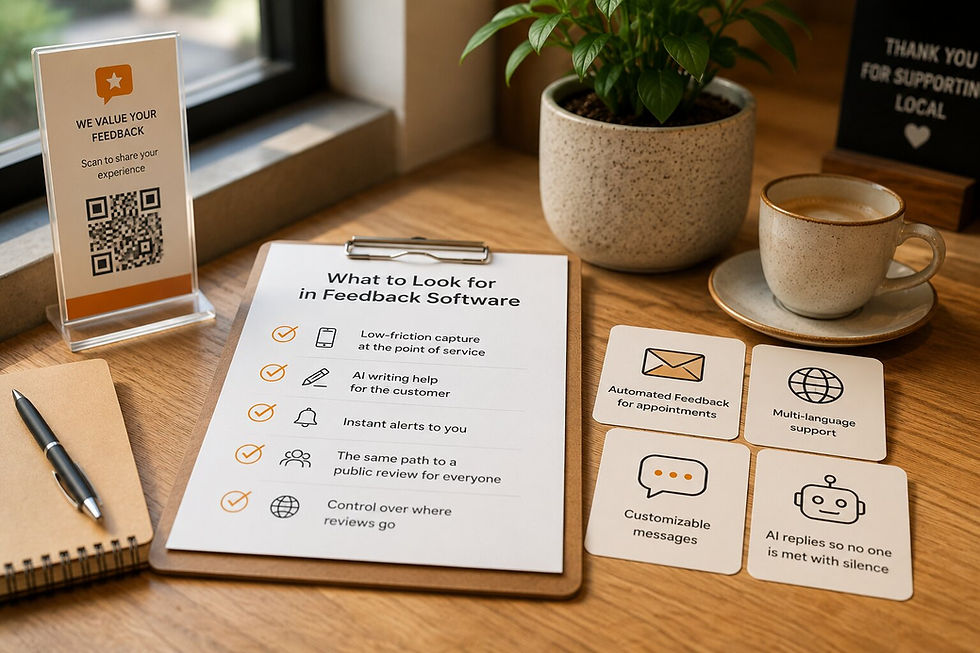 Checklist of essential feedback software features including QR feedback collection, AI writing assistance, instant alerts, review management, and automated customer feedback requests.