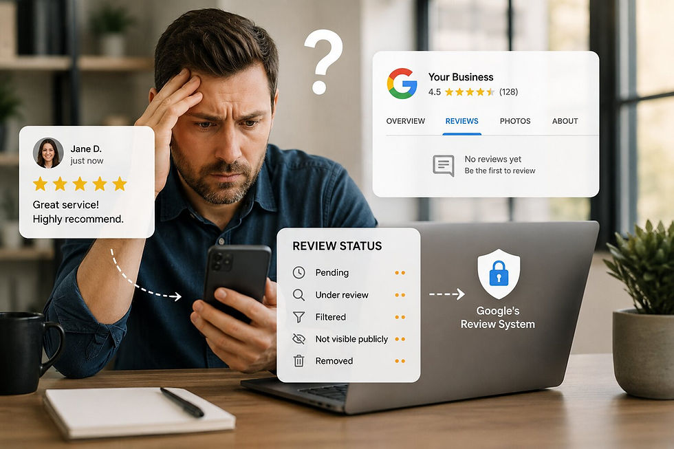 Business owner checking a missing Google review while review status indicators show pending, filtered, hidden, or removed review states.