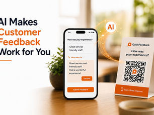 AI-powered customer feedback interface showing a smartphone transforming a short customer comment into a polished review beside a QuickFeedback QR code sign in a modern café setting.