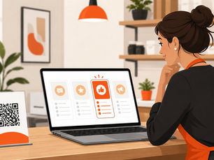 Un logiciel gratuit de gestion des retours clients est présenté sur un ordinateur portable à côté d'un présentoir à code QR dans une petite entreprise, illustrant comment les propriétaires recueillent les commentaires et les avis des clients.
