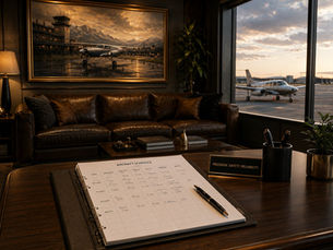 Aircraft scheduling software replacing a paper aircraft schedule in a premium FBO office overlooking light aircraft on the ramp.