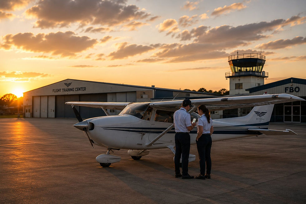 Part-time flight instructor reviewing an online lesson schedule with a student beside a trainer aircraft at sunset.