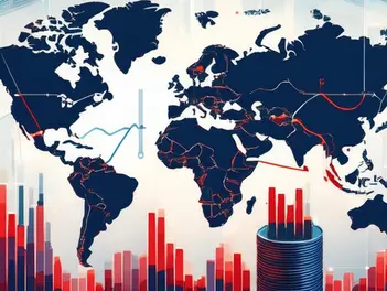 Image of world map and currencies to portray geopolitical conflict and its affect on markets