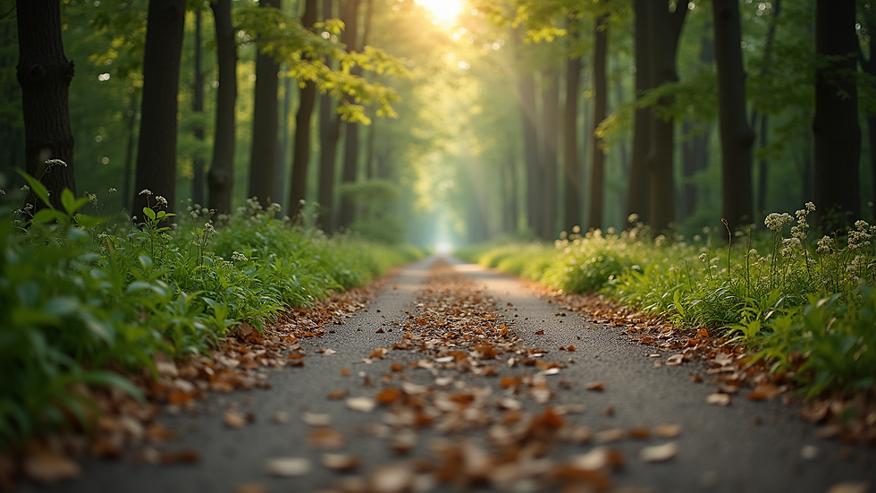 Eye-level view of a serene nature path surrounded by trees