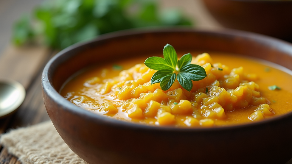 Eye-level view of a warm bowl of kitchari with fresh herbs