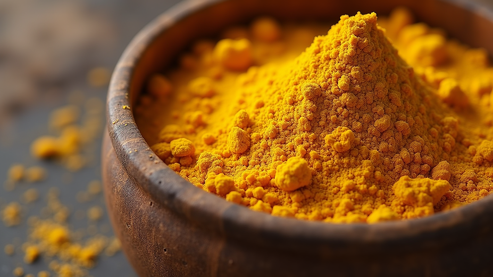 Close-up van een kleurrijke Ayurvedische kruidenmix in een houten kom