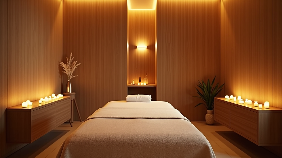 Eye-level view van een rustgevende massagekamer met warme verlichting