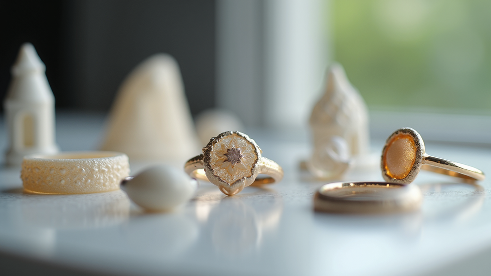 Eye-level view of a collection of unique 3D printed jewelry pieces