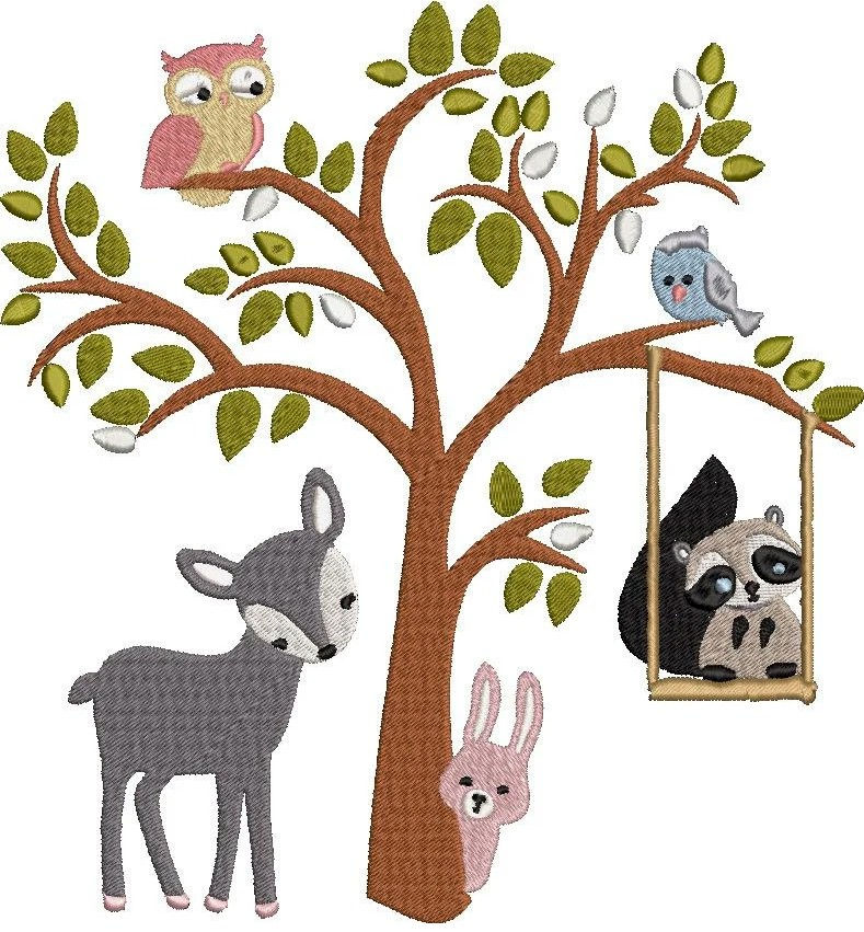 Thumbnail: Woodland Creatures Deep Forest Embroidery Small Design Pattern-Owl Deer, Rabbit