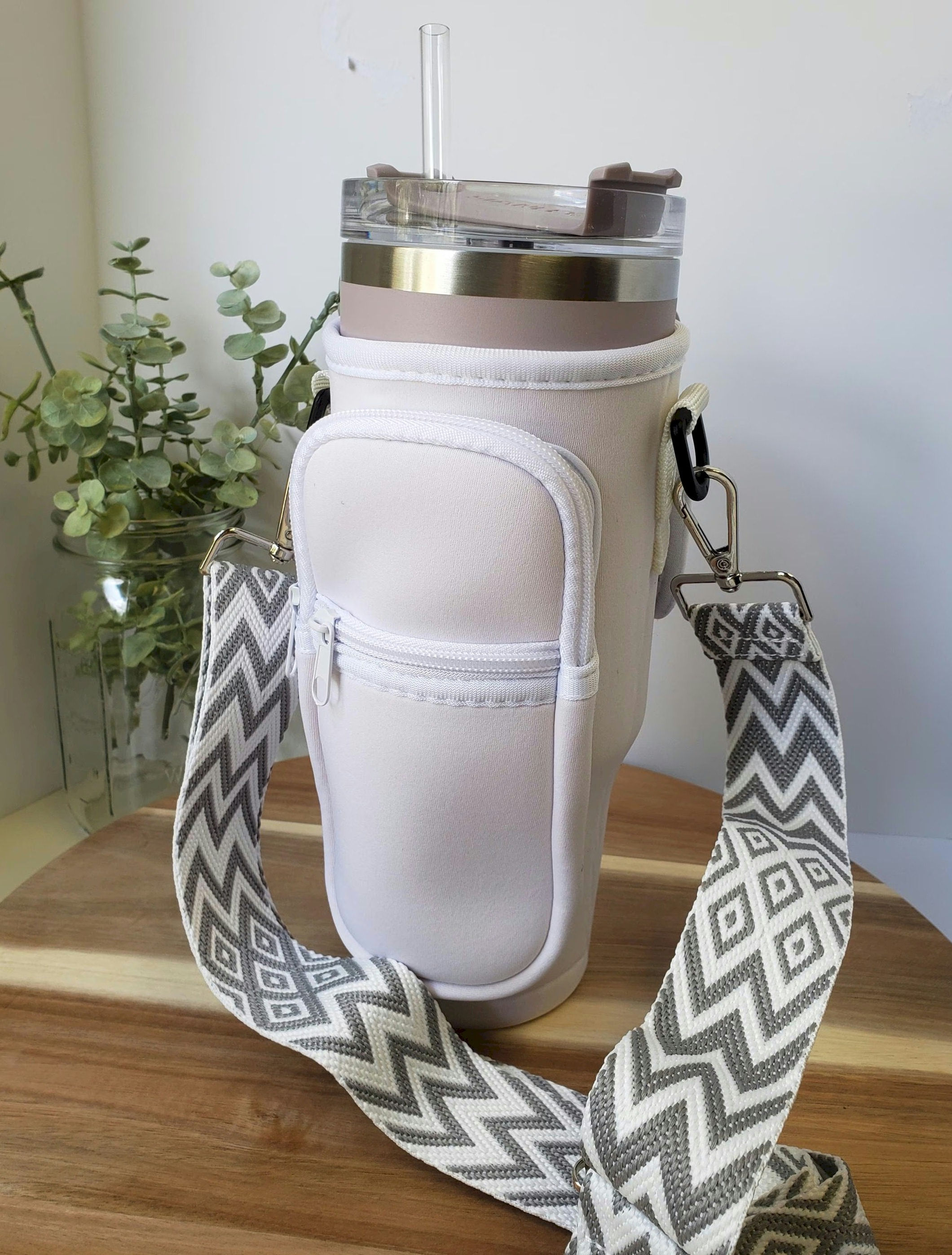 Creamy White Stanley Cup Pouch with gray strap