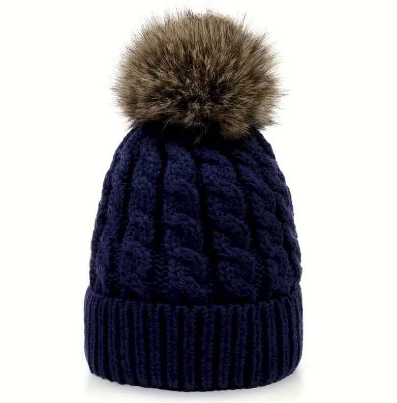 Thumbnail: Winter Sapphire Beanies Hand Knit Faux Fur Pompoms Beanie Women's Hats