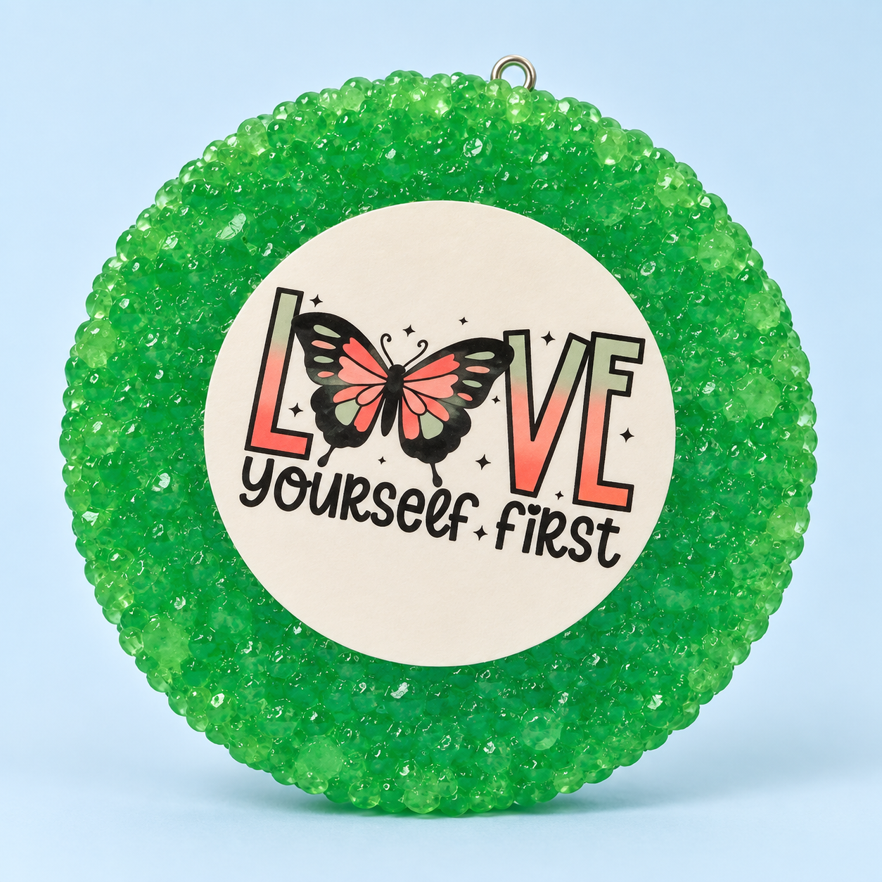 Green Love Yourself First butterfly car freshie in Cedar scent