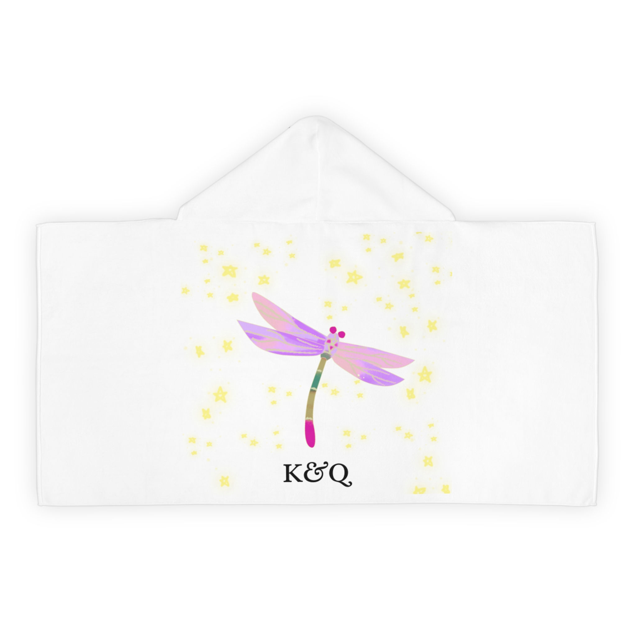 Youth Hooded Towel — Pink Dragonfly with Stars, Personalized K&Q