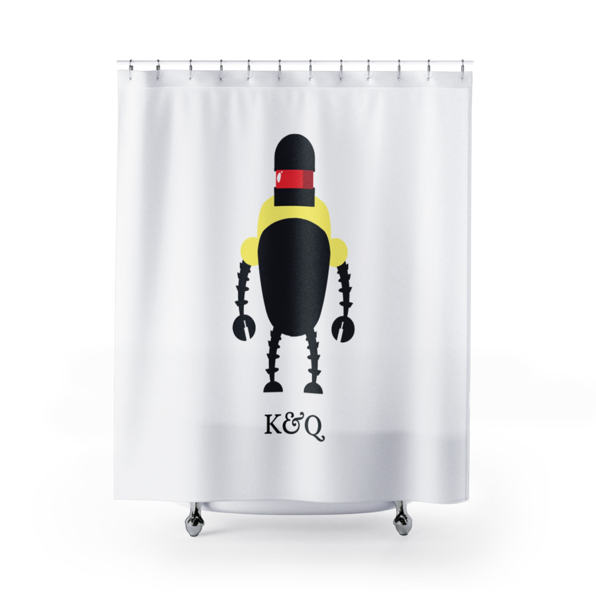 Robot Silhouette Shower Curtain – Minimalist Black & Yellow Bathroom Decor