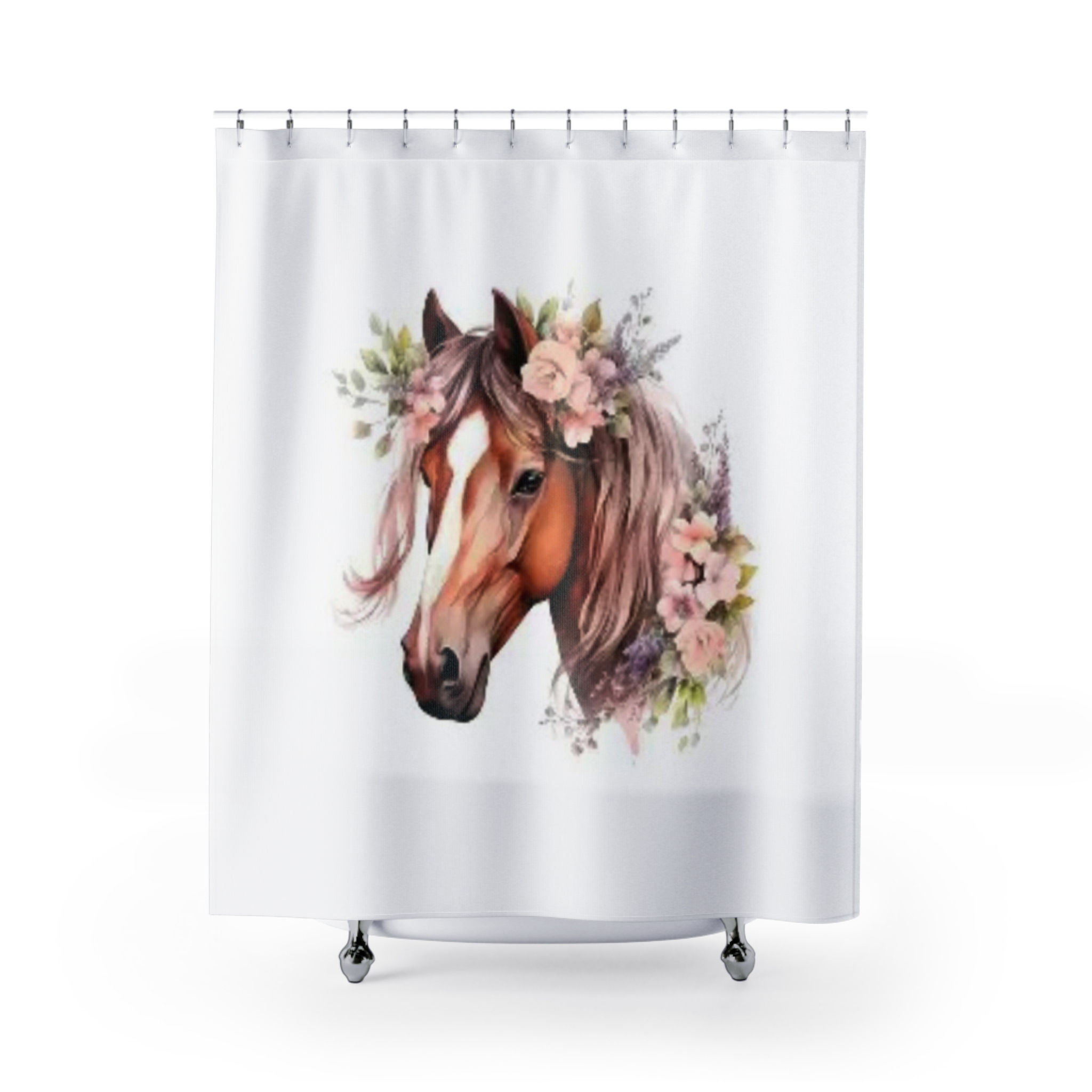 Horse Floral Shower Curtain — Watercolor Stallion Bathroom Decor