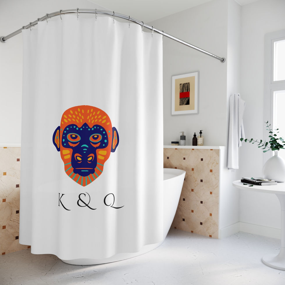 Thumbnail: Shower Curtain — Colorful Tribal Monkey Face with K & Q Monogram