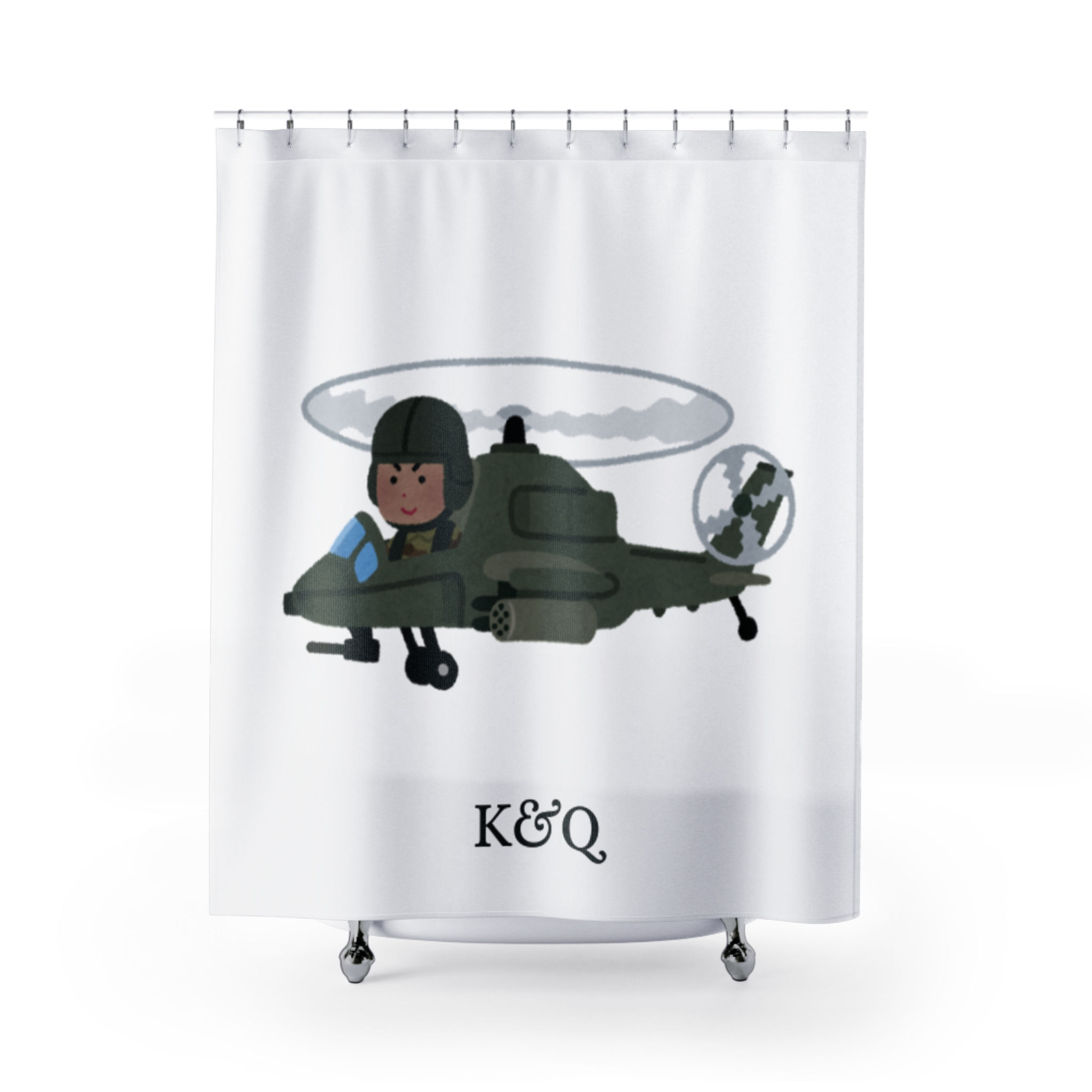 Cute Military Helicopter Shower Curtain — Personalized K&Q Monogram
