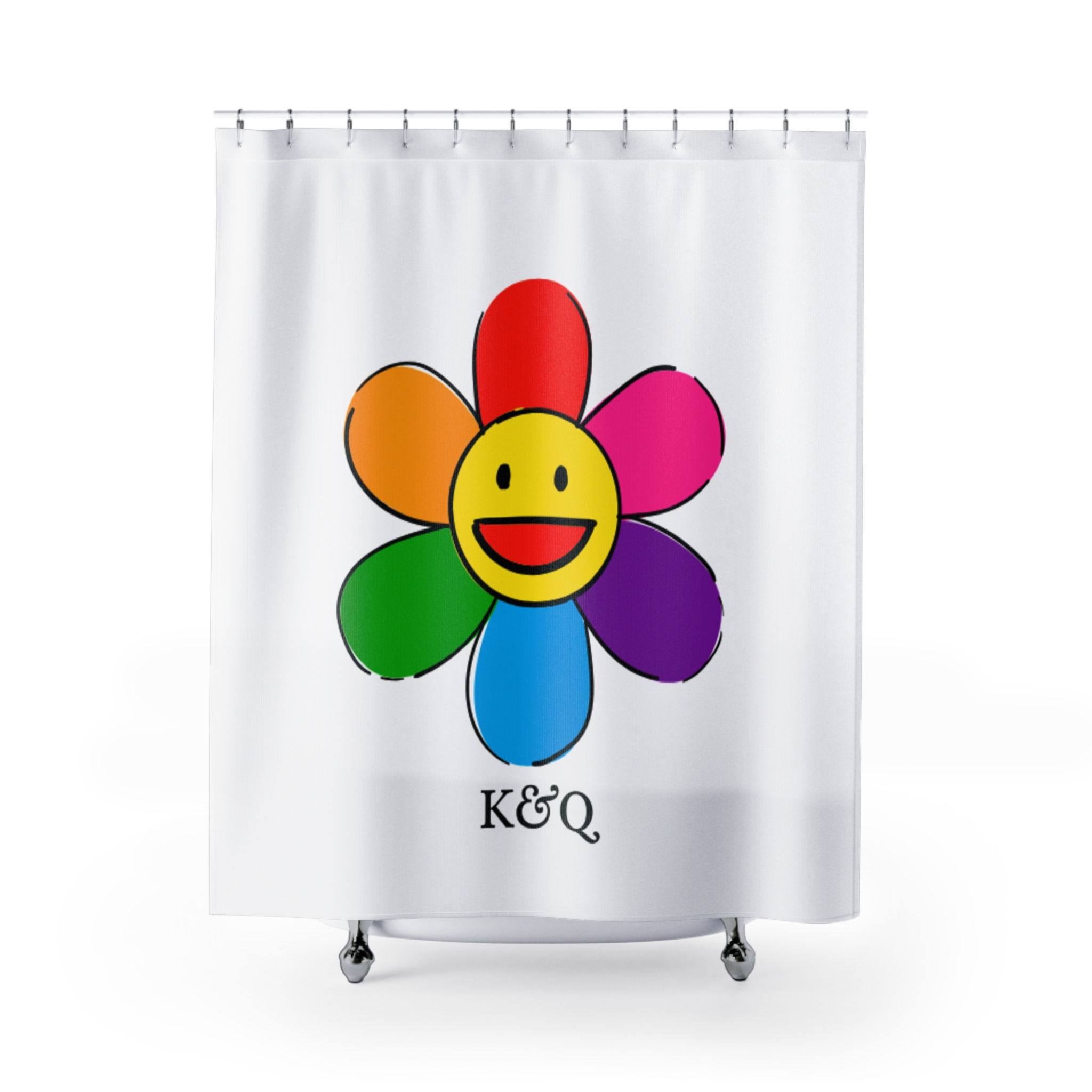 Colorful Smiley Flower Shower Curtain – Bright Rainbow Daisy Bath Decor