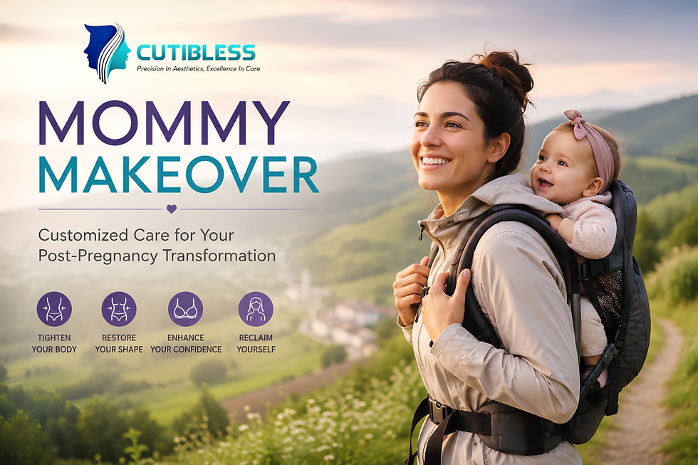 Smiling mother carrying baby in a backpack on a sunny hillside; ad reads CUTIBLESS MUMMY MAKEOVER with post-pregnancy care icons.