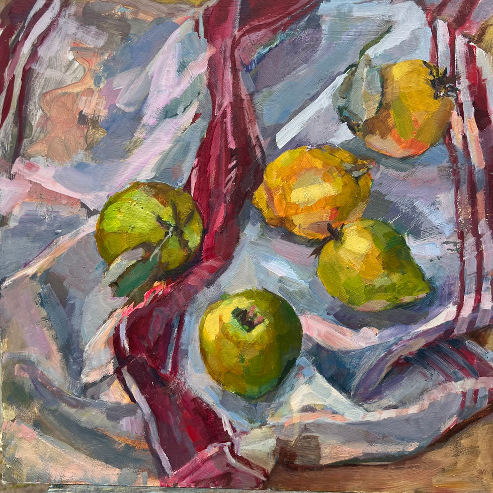 Quinces on a red striped tea towel