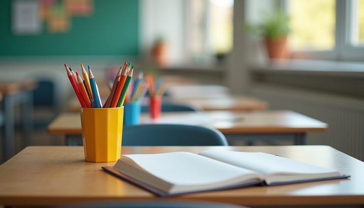 Eye-level view of a classroom desk with colorful learning tools arranged neatly