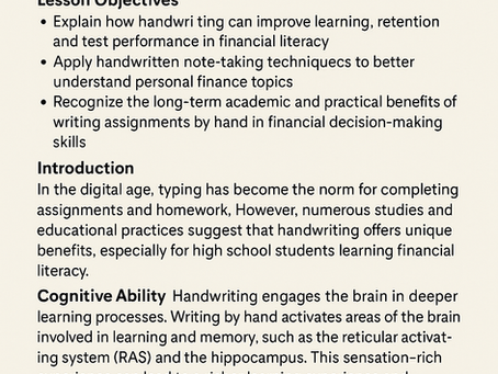 Lesson Plan: The Benefits of Handwriting in Financial Literacy Assignments