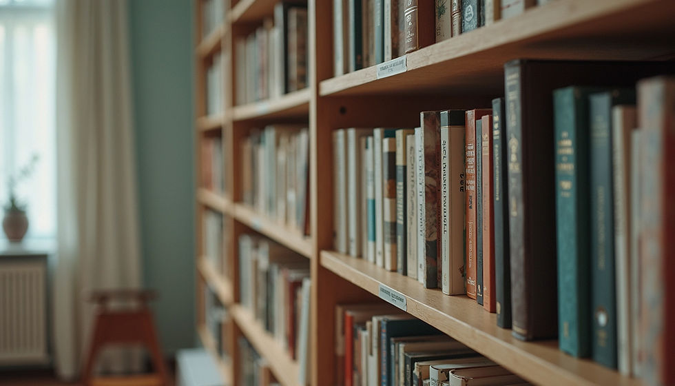 Wide angle view of a secured bookshelf against a wall