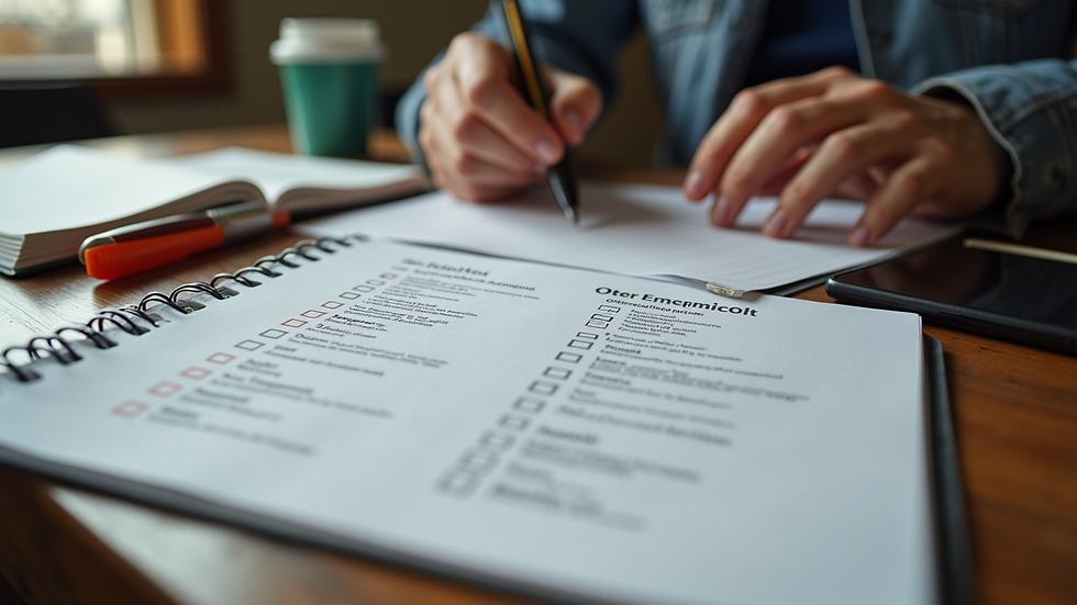 Eye-level view of an organized emergency kit checklist on a table