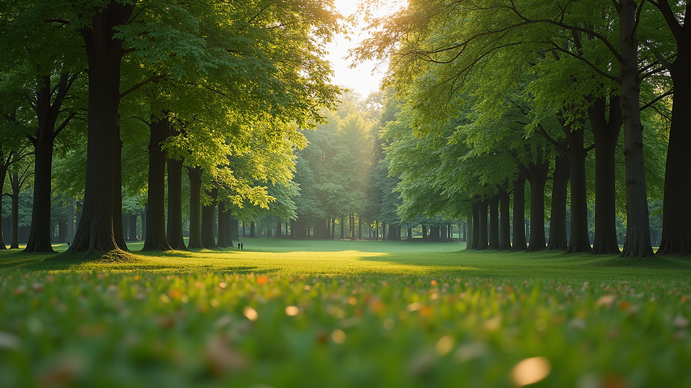 Eye-level view of an open park filled with trees and no structures