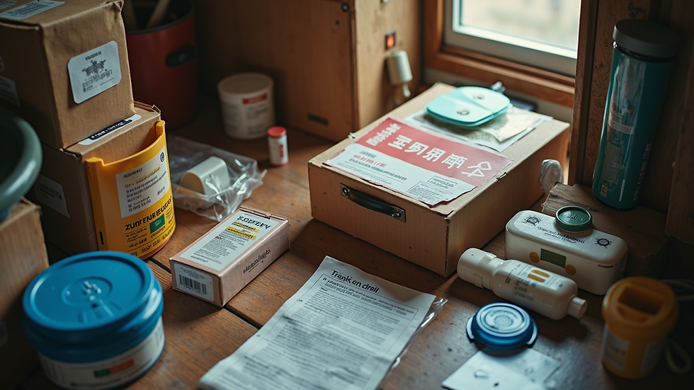 High-angle view of an organized emergency supply kit ready for an earthquake