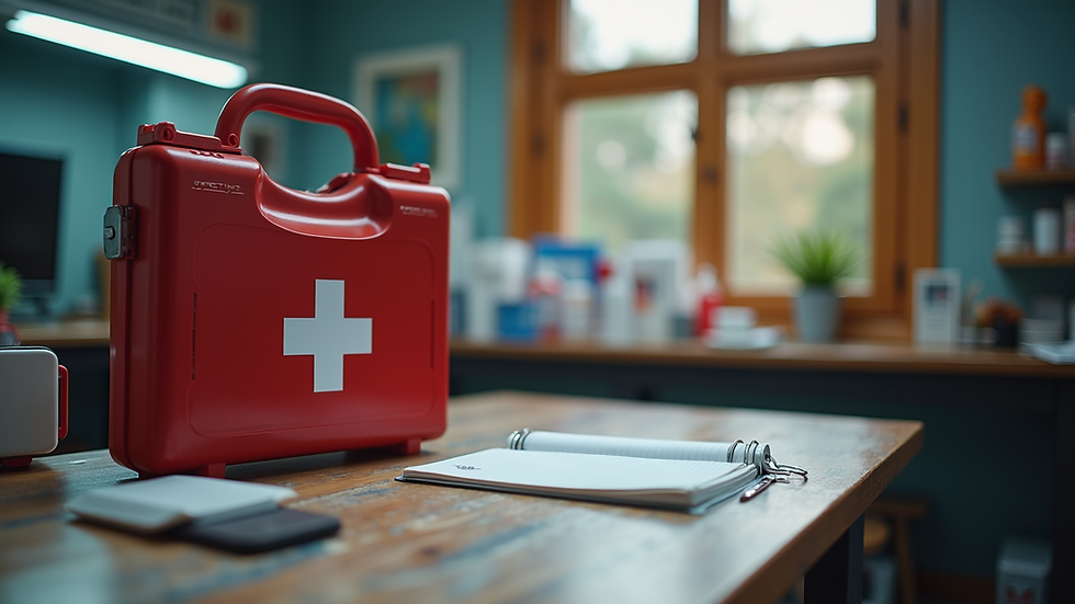 Wide angle view of a well-organized emergency kit on a table